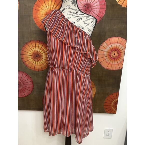 Bisou Bisou Orange Dress w/Multi Colored Stripes One Shoulder Ruffle Chic Sz 16 - Picture 1 of 4